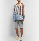 Greg Lauren - Slim-Fit Cotton-Twill Panelled Loopback Mélange Jersey Drawstring Shorts - Green