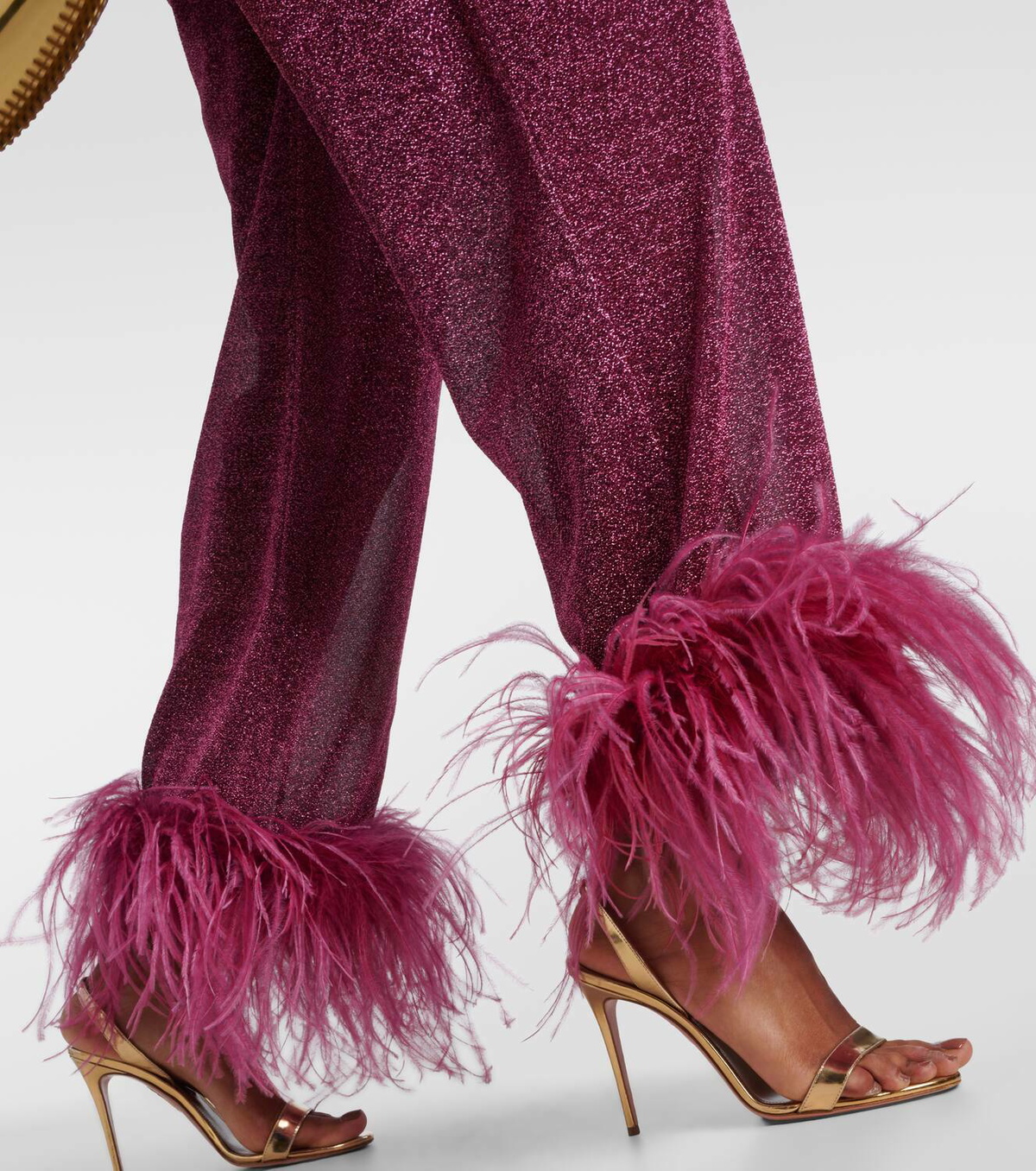 Oséree Lumière Plumage feather-trimmed lamé pants Oseree