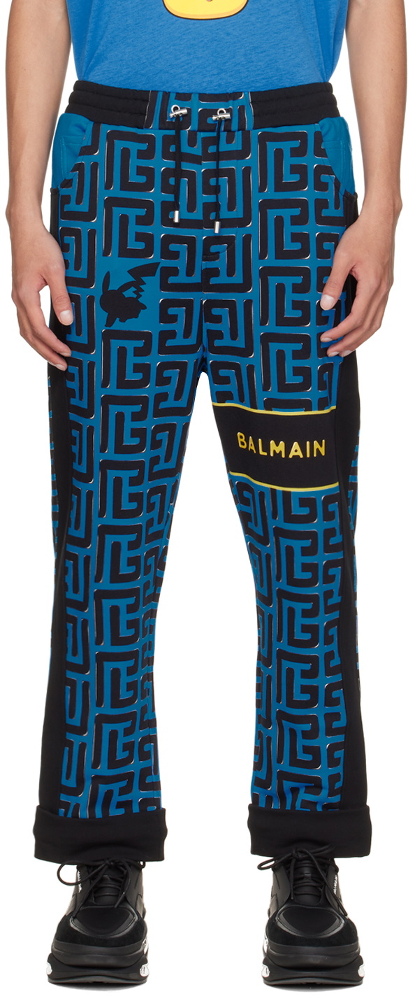 Balmain Mini Monogram Jacquard Wool Track Pants in Blue for Men