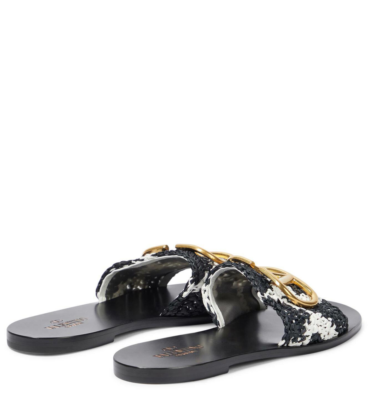 Vlogo embellished leather-trimmed raffia slides gold