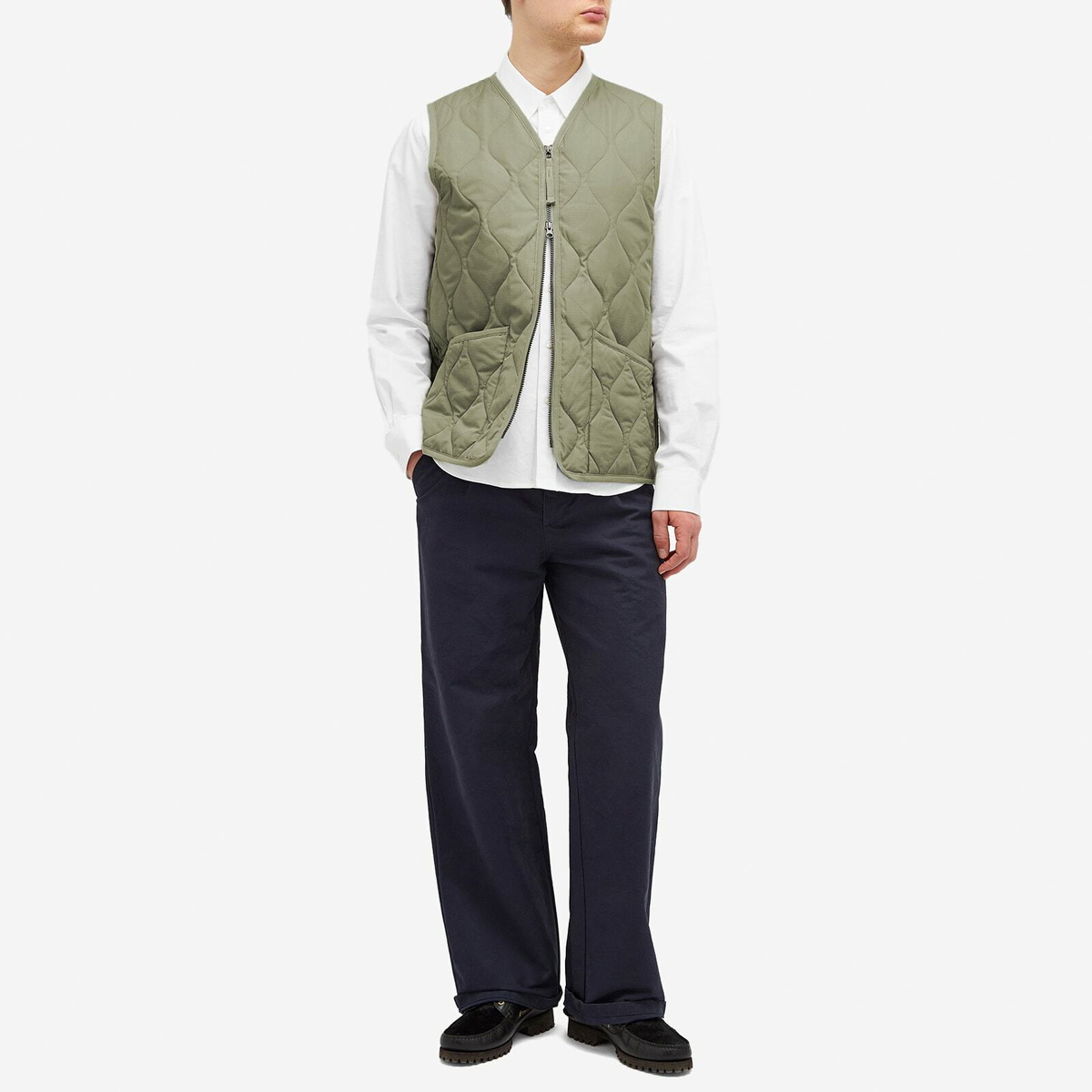 Taion Men's Military Zip V-Neck Down Vest in Dark Sage Green