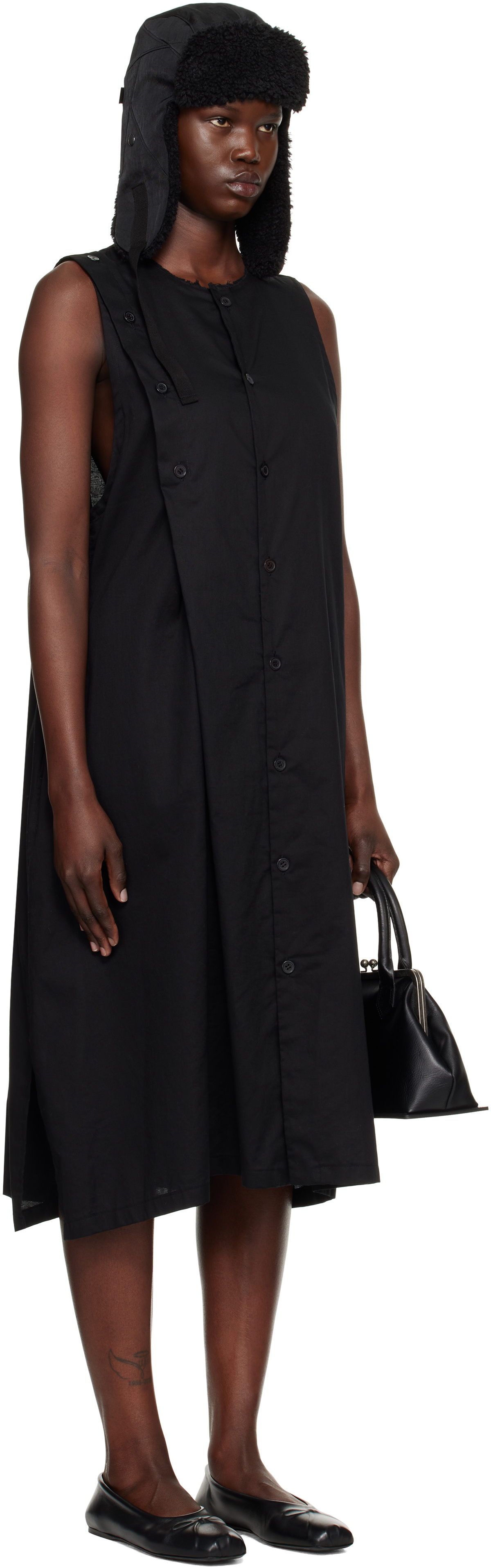 Y's Black S-Asymmetric Button Midi Dress