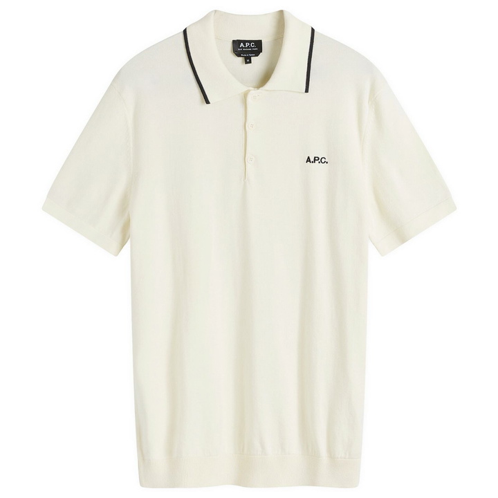 Photo: A.P.C. Men's Fynn Tipped Knit Polo Shirt in White/Black