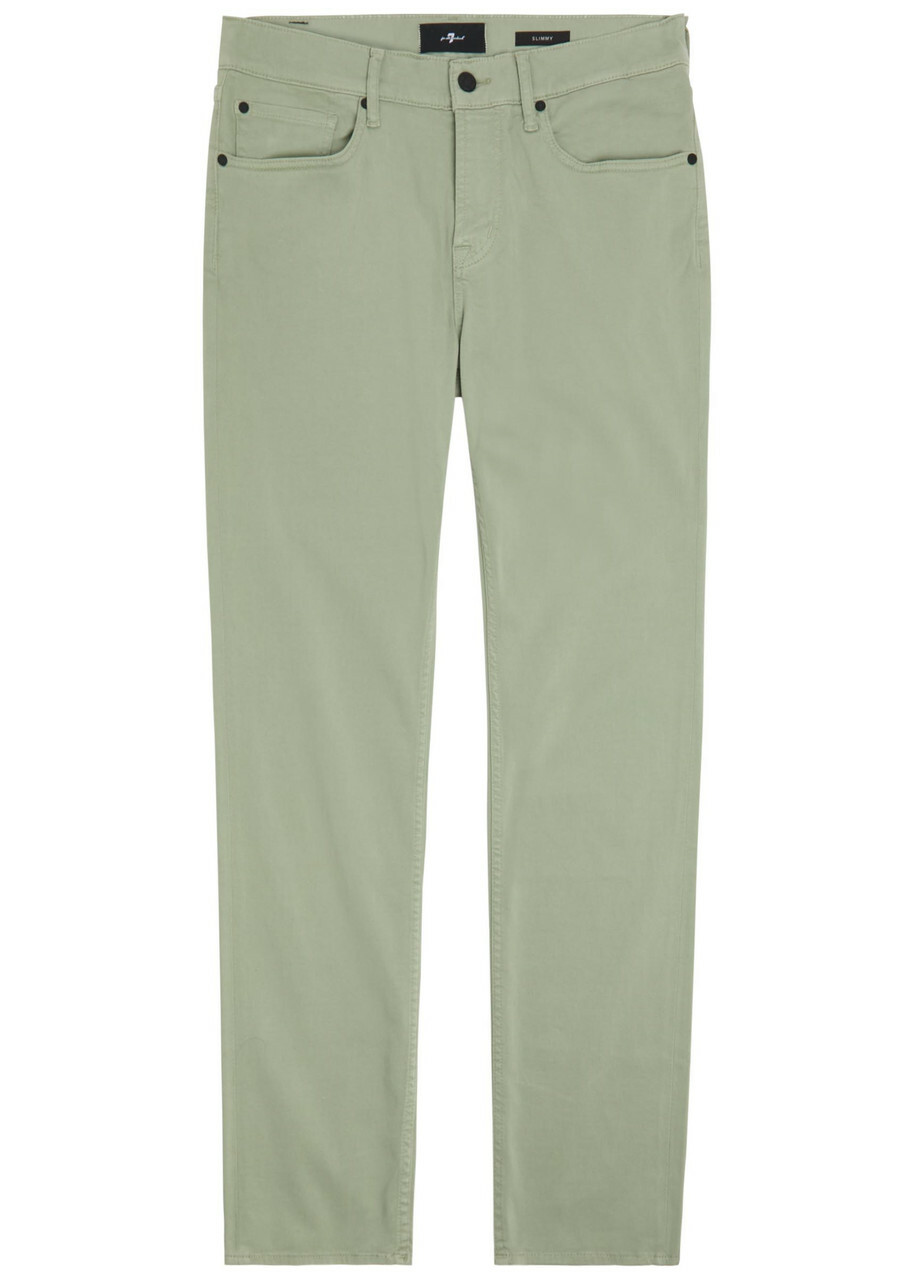 7 For All Mankind Slimmy Tapered-leg Stretch-sateen Chino Trousers Light Green