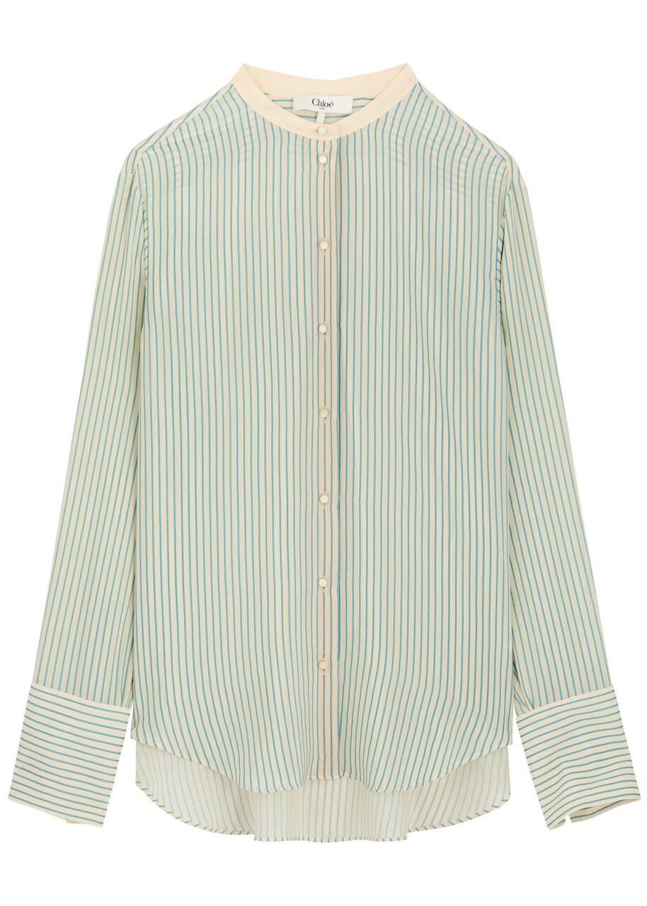 Chloe Women's Striped Loose Fit Silk-Satin Shirt Size 38 (UK10 / S), Features Dropped Shoulders & Split Cuffs Stripe
