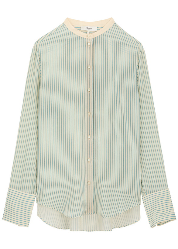 Photo: Chloe Women's Striped Loose Fit Silk-Satin Shirt Size 38 (UK10 / S), Features Dropped Shoulders & Split Cuffs Stripe