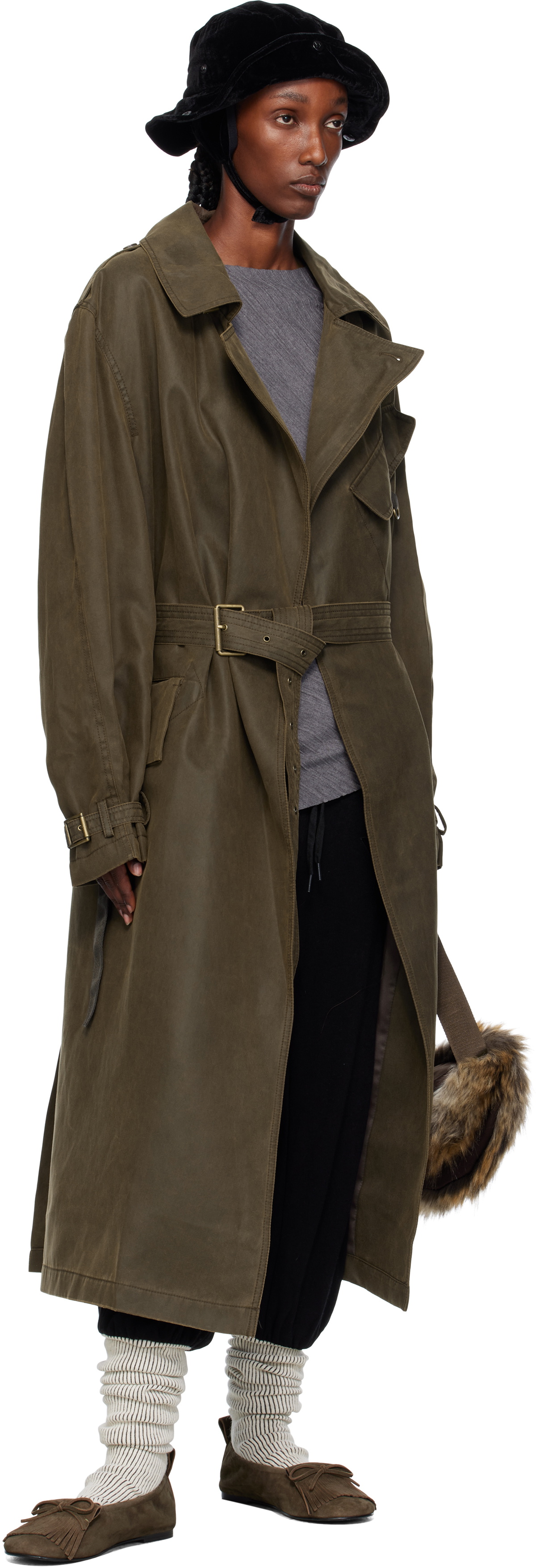 OPEN YY Khaki Motorcycle Maxi Trench Coat