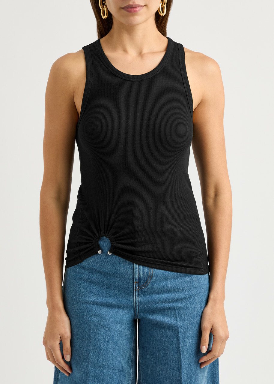 Rabanne Ruched Ribbed Stretch-cotton Tank Black