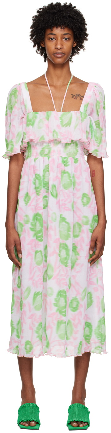 GANNI Pink & Green Smock Midi Dress GANNI