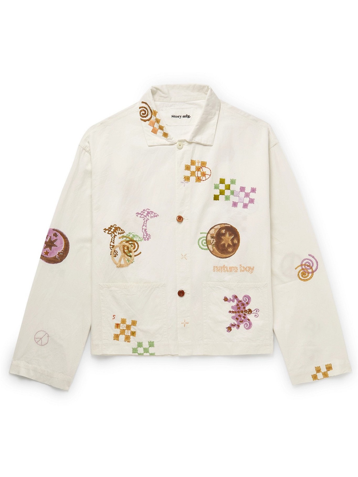 STORY MFG. - Short On Time Embroidered Printed Organic Cotton Overshirt -  Neutrals - S Story Mfg.