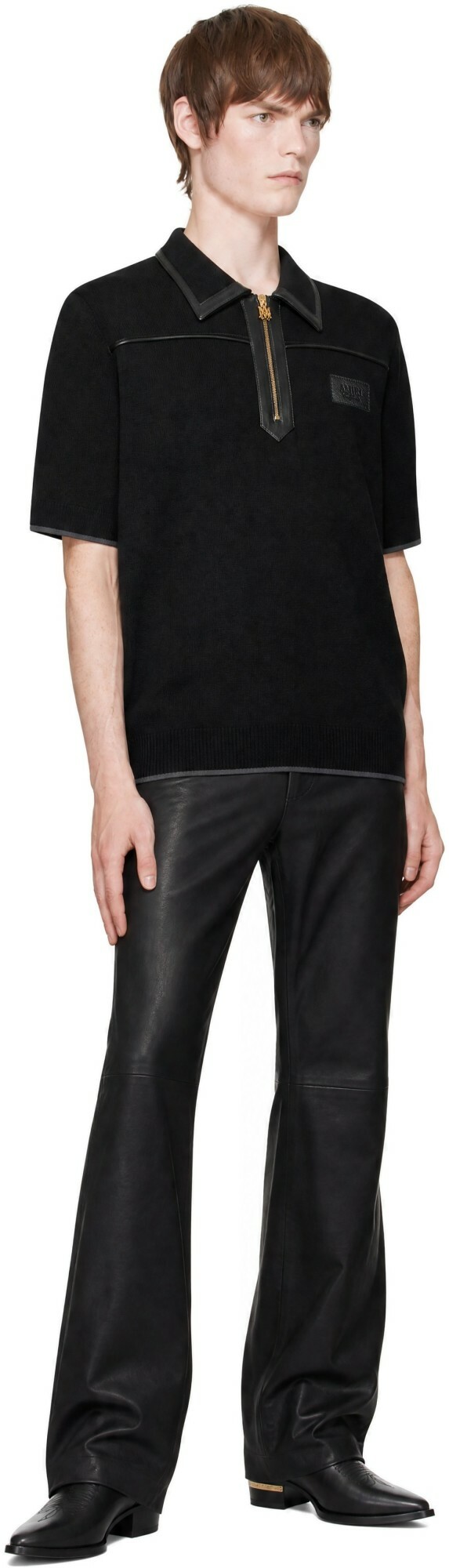 AMIRI Black Leather Trim Knit Zipped Polo