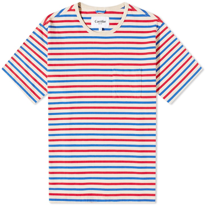 Photo: Corridor Men's Stripe T-Shirt in Blue/Red/White Stripes