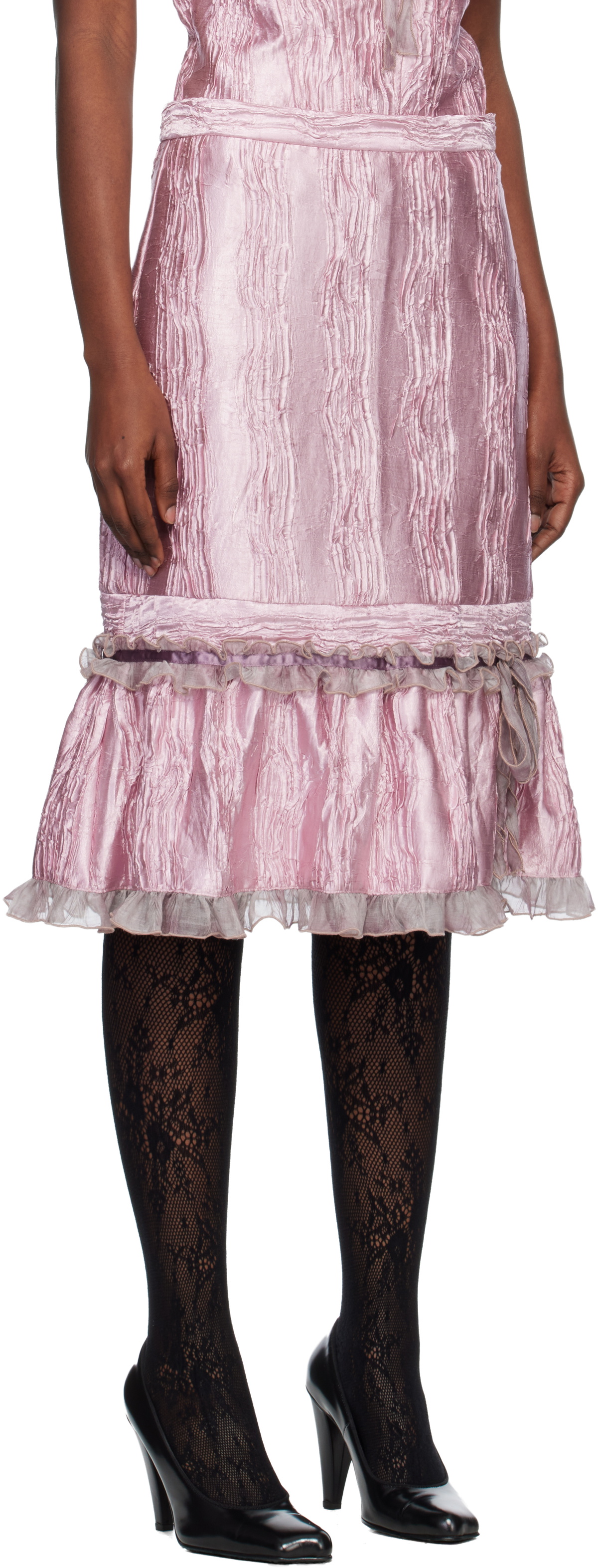 Anna Sui Pink Crushed Satin Ruffle Midi Skirt