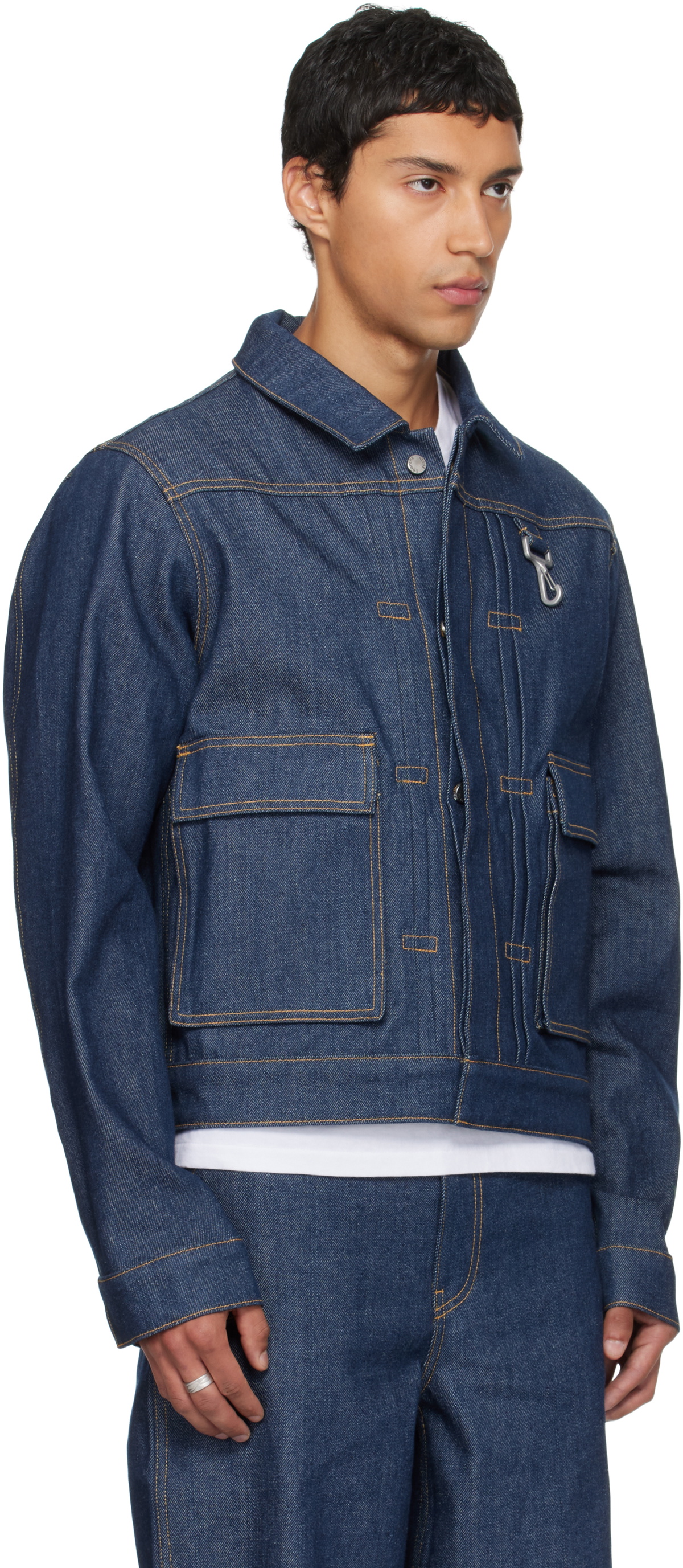 Reese Cooper Navy Concealed Button Denim Trucker Jacket