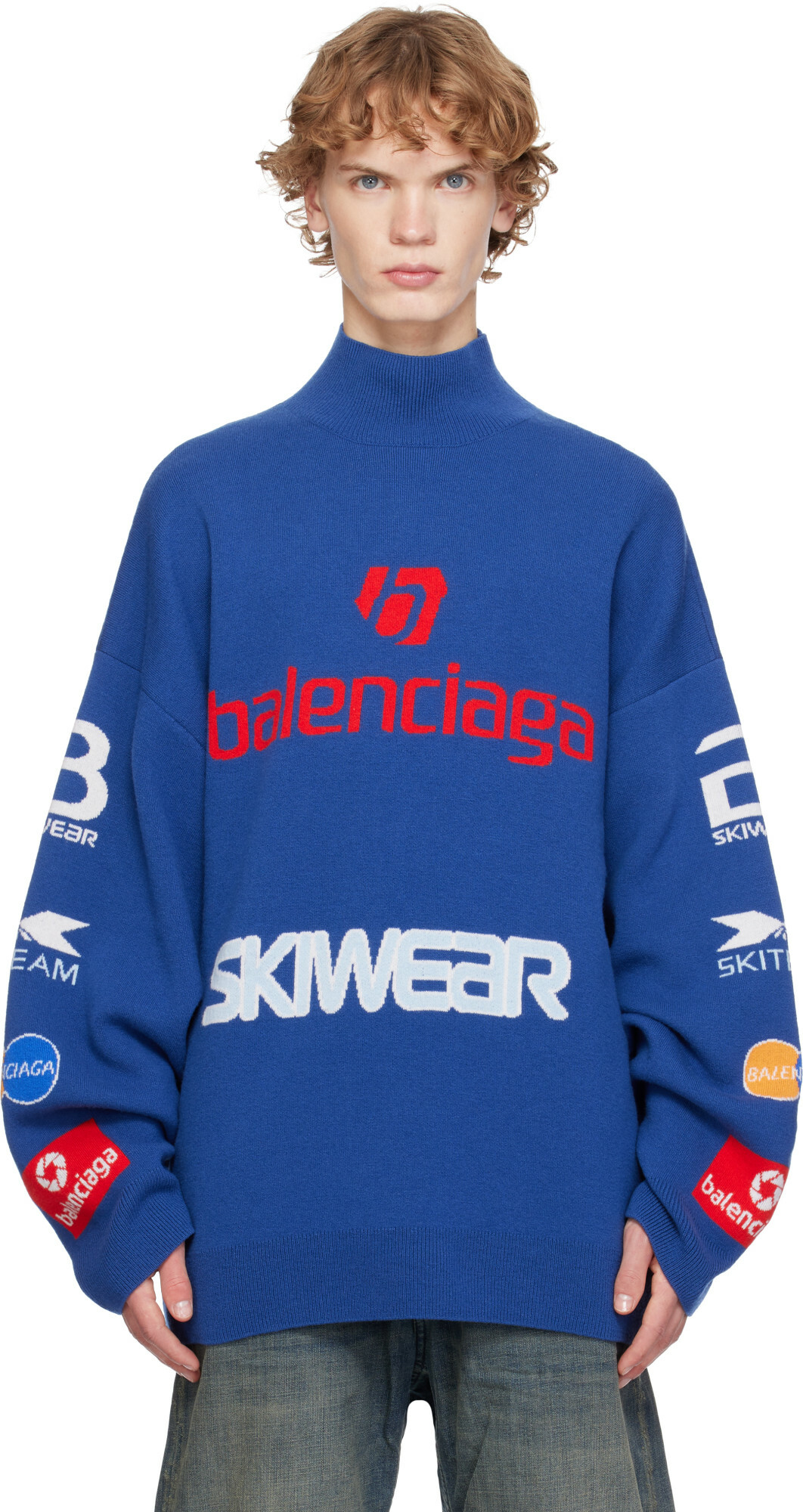BALENCIAGA ロゴ ニットワンピース ブルー Balenciaga Black and White All Over Logo Zip Turtleneck Balenciaga