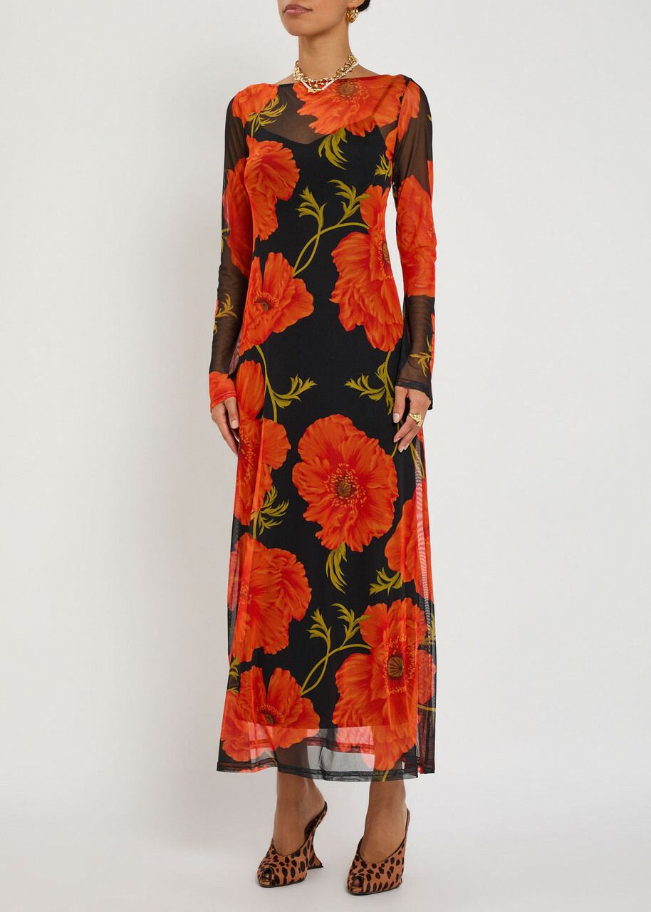 Never Fully Dressed Floral-print Mesh Midi Dress Black Red