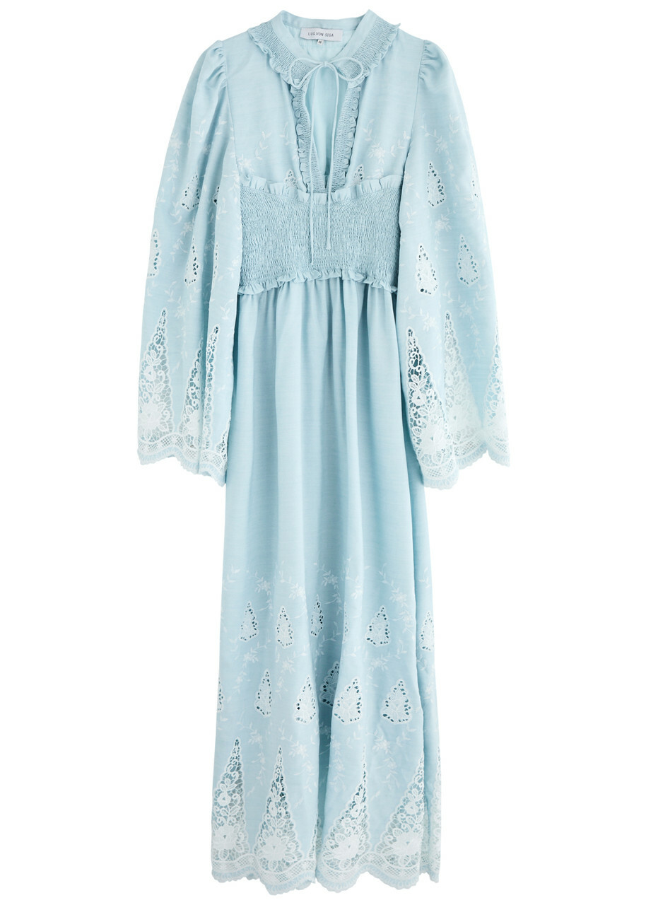 Lug Von Siga Tiara Guipure Lace-trimmed Woven Maxi Dress Light Blue