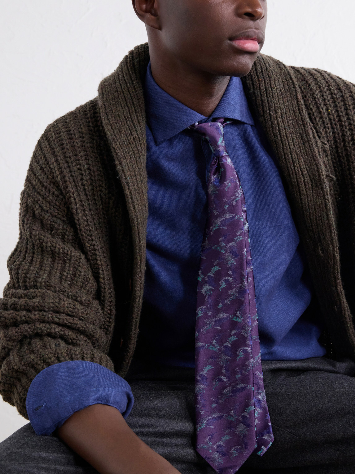 De Petrillo - Cutaway-Collar Brushed Cotton-Twill Shirt - Blue