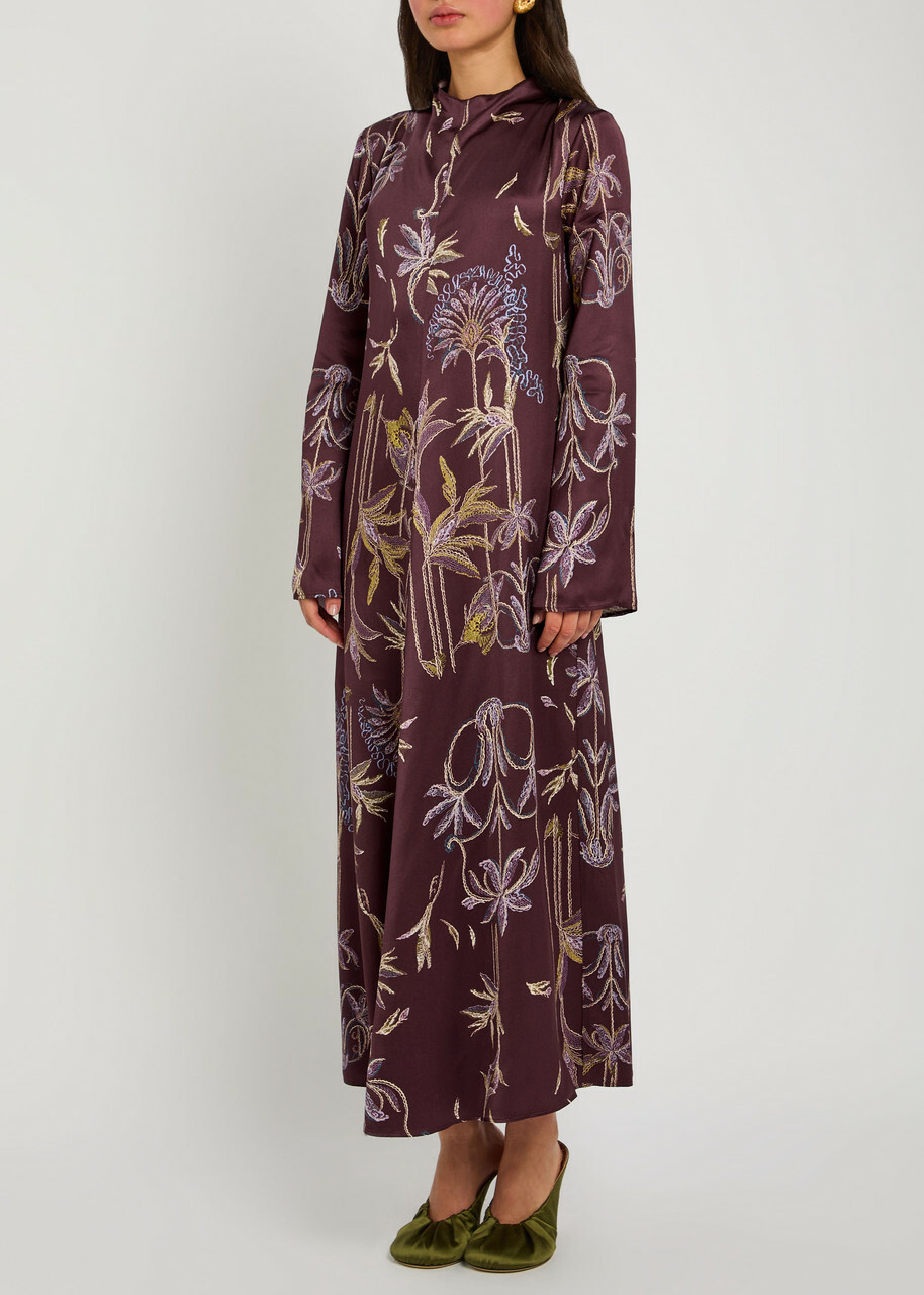 Forte_forte Printed Satin Midi Dress Burgundy