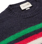 GUCCI - Logo-Embroidered Striped Wool-Felt and Alpaca-Blend Sweater - Blue