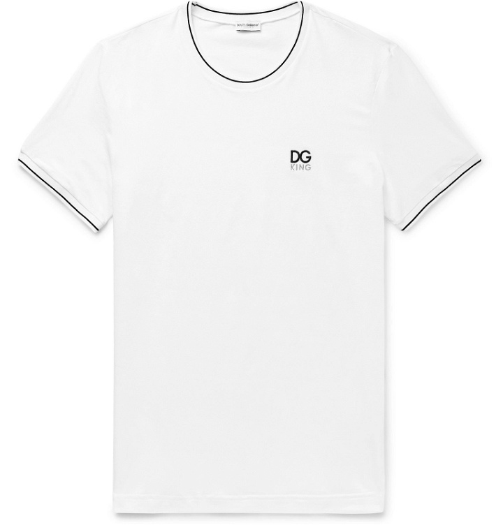 Photo: Dolce & Gabbana - Contrast-Tipped Logo-Embroidered Stretch-Cotton Jersey T-Shirt - White