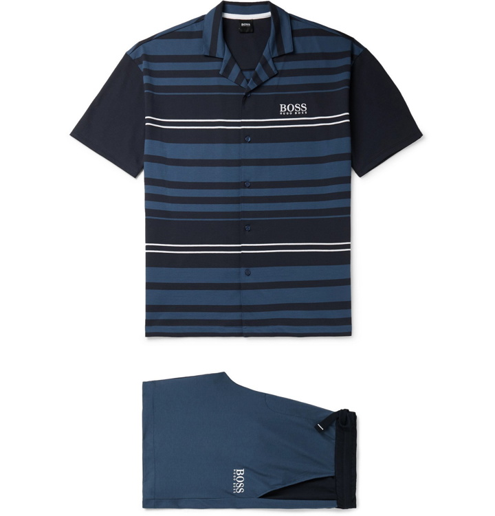 Photo: Hugo Boss - Logo-Embroidered Striped Cotton-Jersey Shirt and Shorts Set - Blue