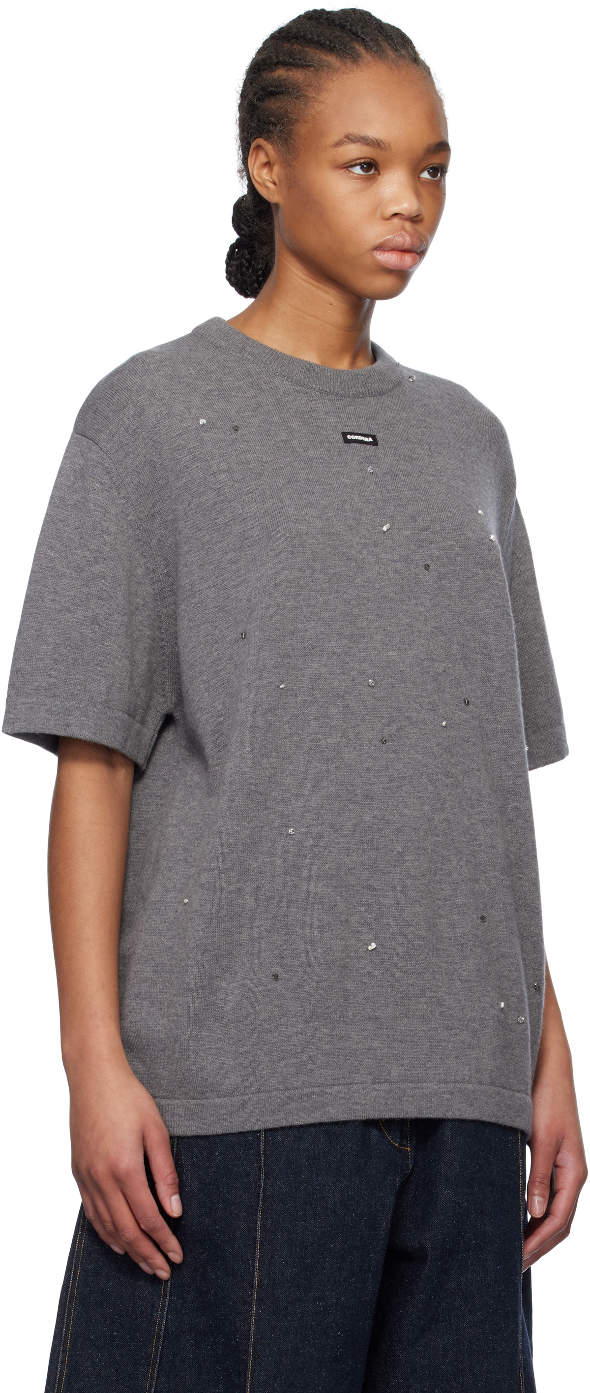 Cordera Gray Merino Wool Beaded T-shirt