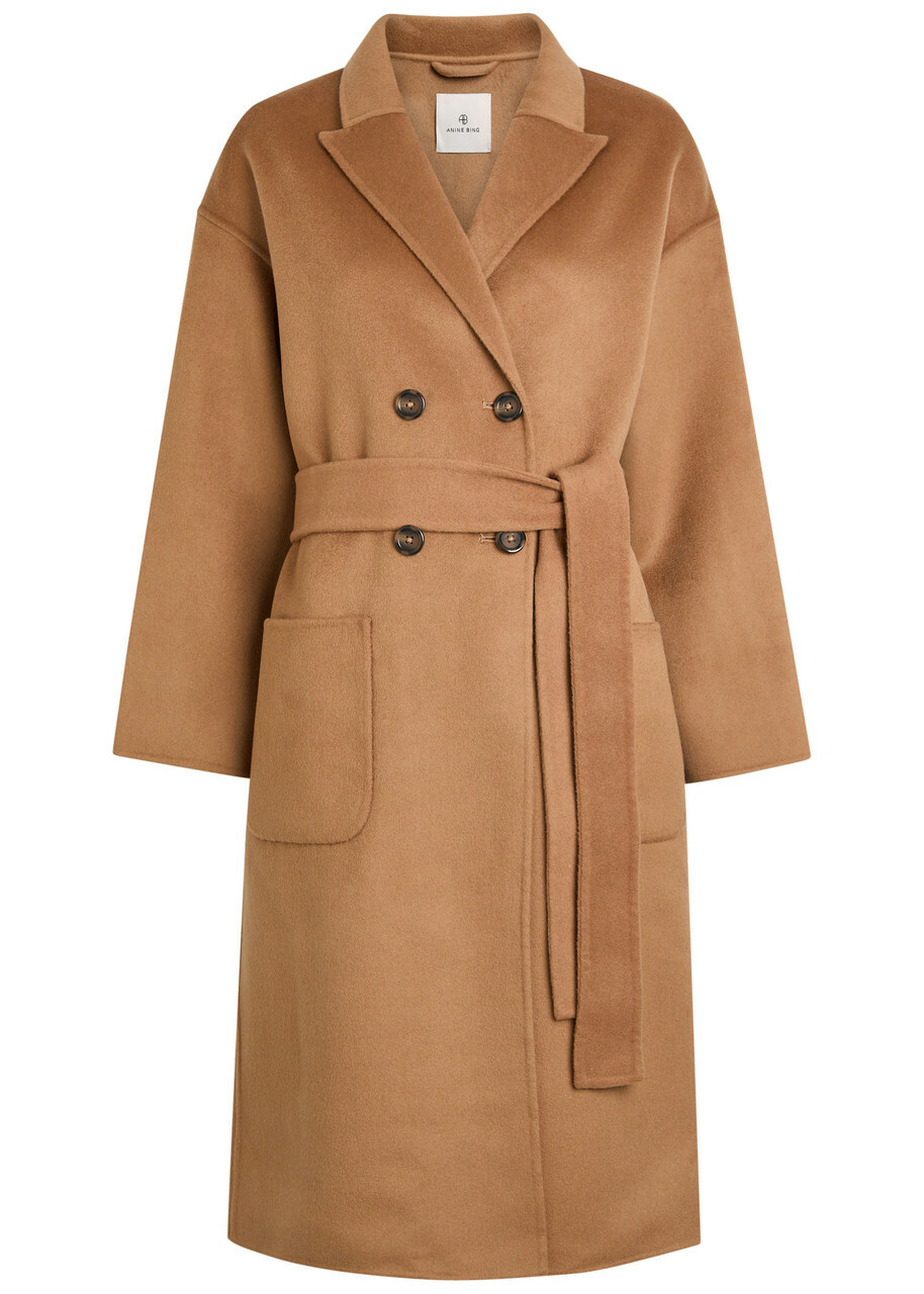 Anine Bing Dylan Belted Wool and Cashmere-blend Coat Brown
