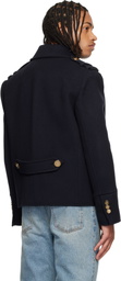 Balmain Navy Cropped Wool Reefer Jacket