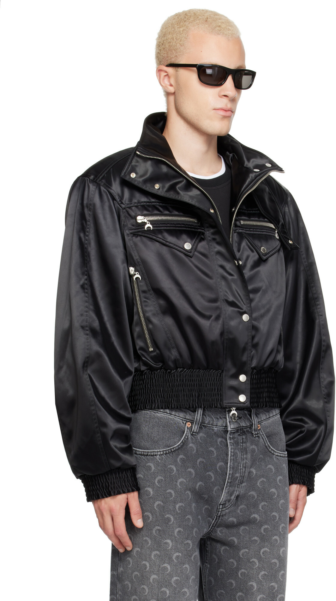 Marine Serre Black Satin Nylon Bomber Jacket