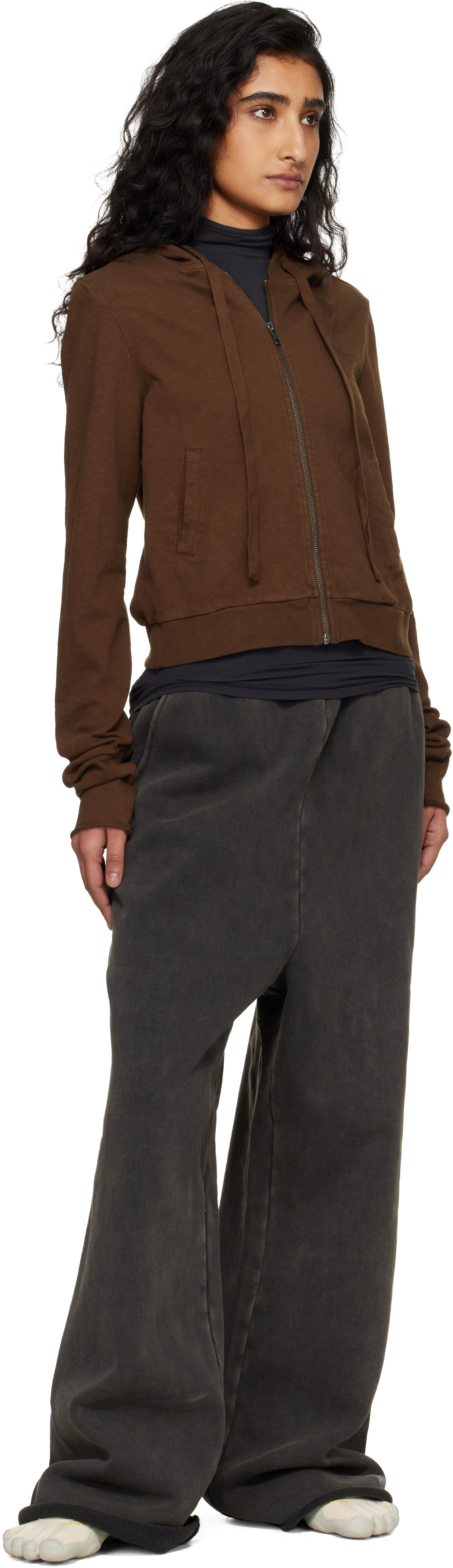 Entire Studios Brown Lightweight Cropped Zip Up Hoodie