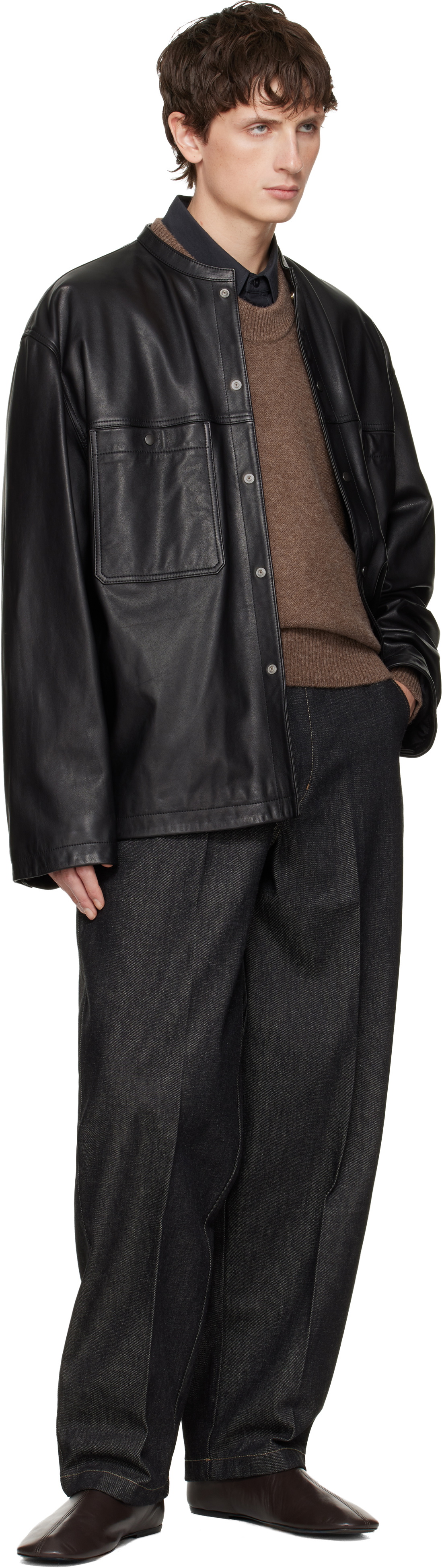 LEMAIRE Black Collarstand Leather Overshirt Lemaire