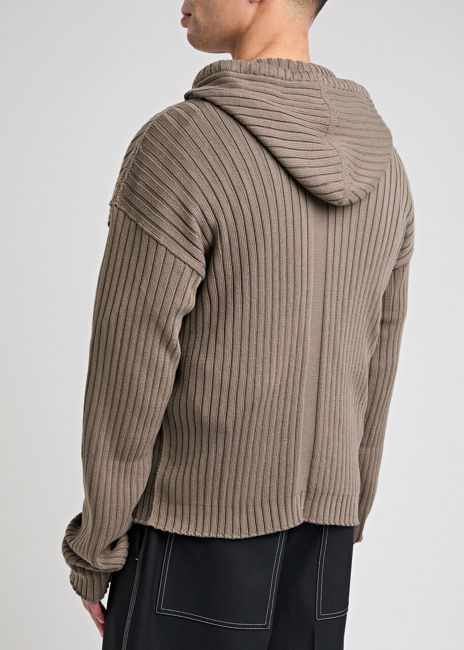Rick Owens Maglia Ribbed Hooded Cotton Jumper Grey