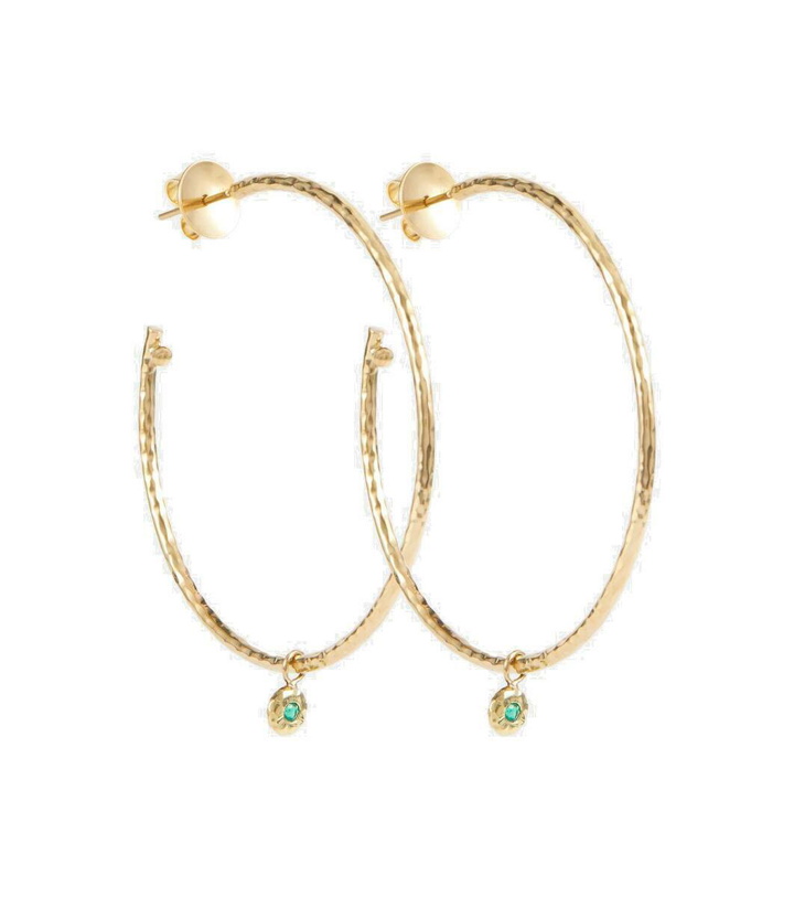 Photo: Octavia Elizabeth Nesting Gem Medium 18kt gold hoop earrings with emeralds