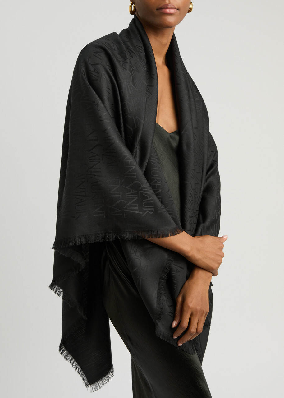 SAINT LAURENT ブラック シルクストール Saint Laurent Logo-jacquard Silk-blend Scarf - Black - One Size