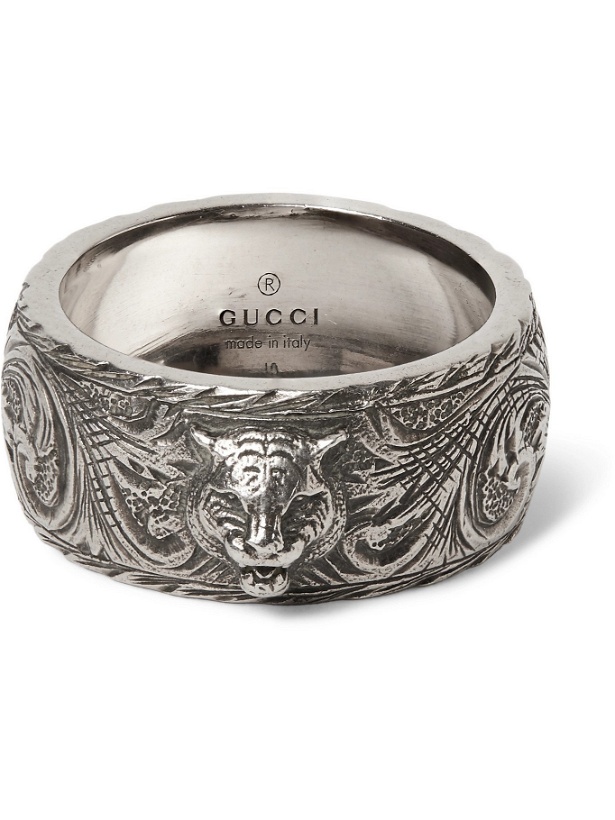 Photo: GUCCI - Tiger-Embellished Burnished Sterling Silver Ring - Silver