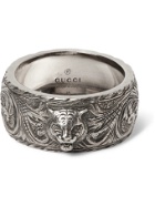 GUCCI - Tiger-Embellished Burnished Sterling Silver Ring - Silver