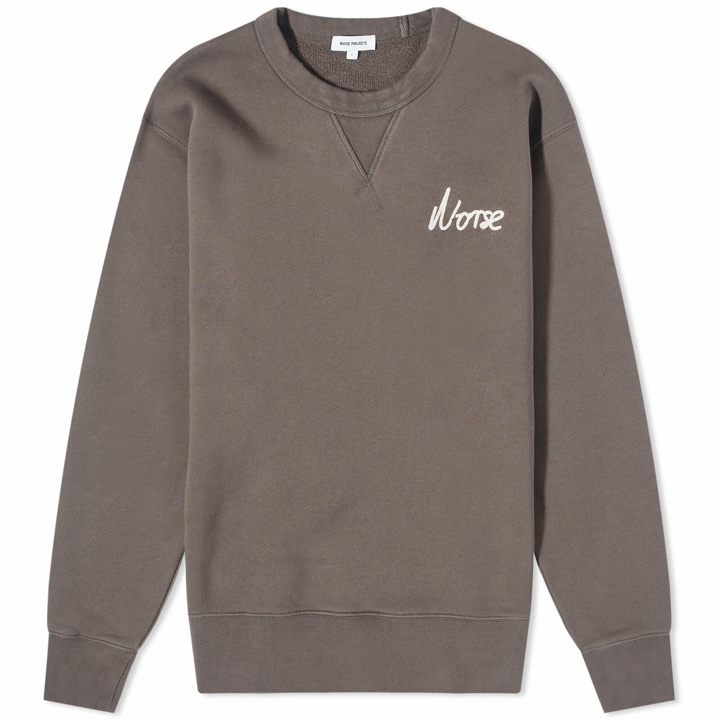 Photo: Norse Projects Men's Arne Relaxed Chain Stitch Logo Crew Sweat in Heathland Brown