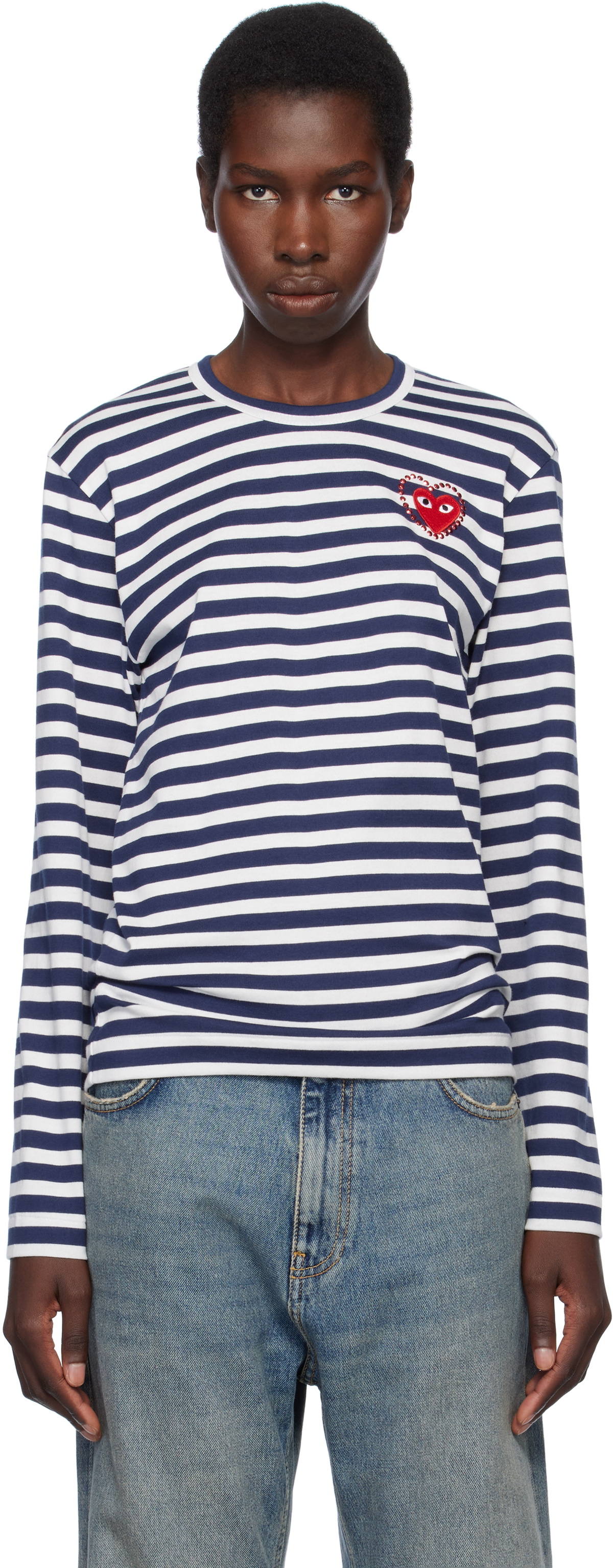 COMME des GARÇONS PLAY Navy & White Stripe Metal Stone Emblem Red Heart T-shirt