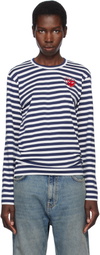 COMME des GARÇONS PLAY Navy & White Stripe Metal Stone Emblem Red Heart T-shirt