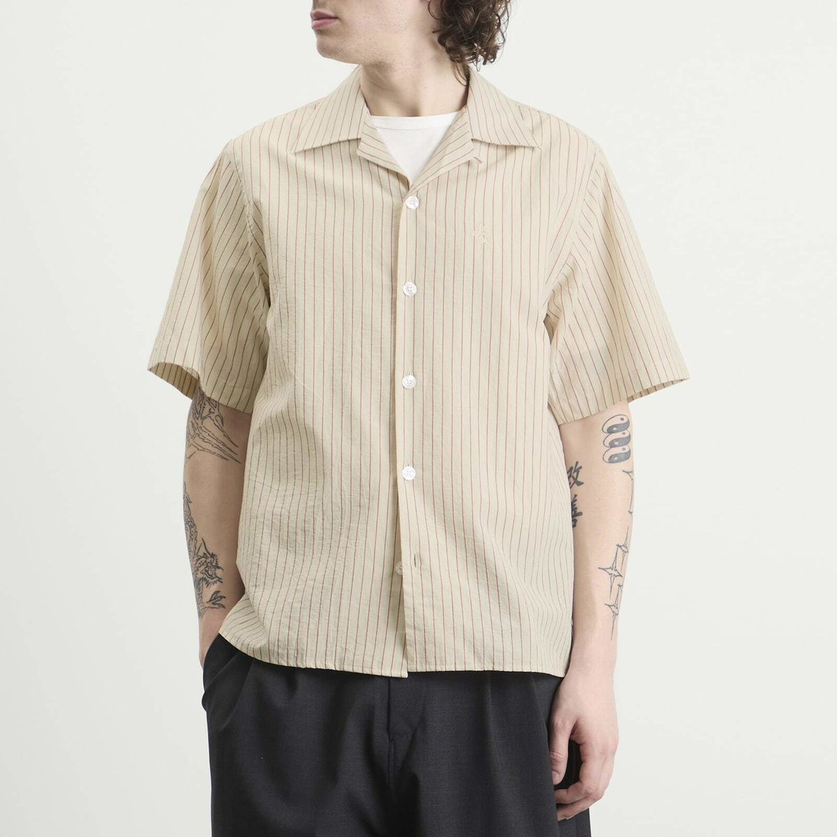 Le Père Men's Stripe Camp Shirt in Red Stripe