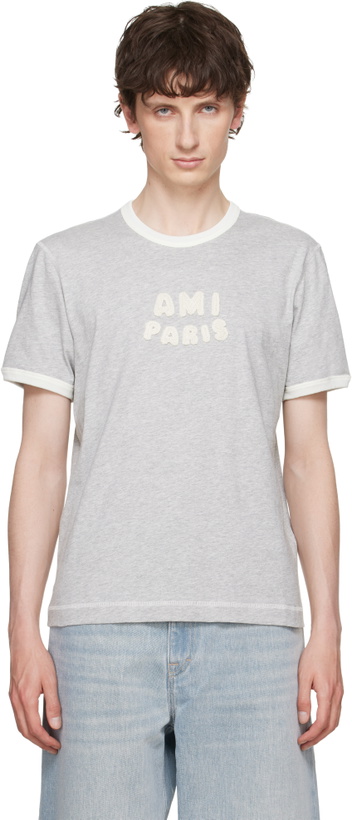 Photo: AMI Paris Gray Cotton 'Ami Paris' Knitted Patch T-shirt