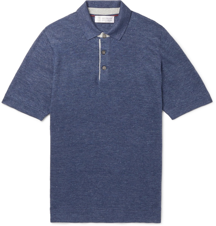 Photo: Brunello Cucinelli - Slim-Fit Knitted Linen and Cotton-Blend Polo Shirt - Blue