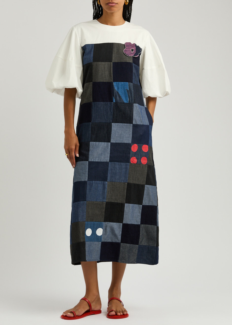 Lovebirds Checked Cotton Midi Dress Blue