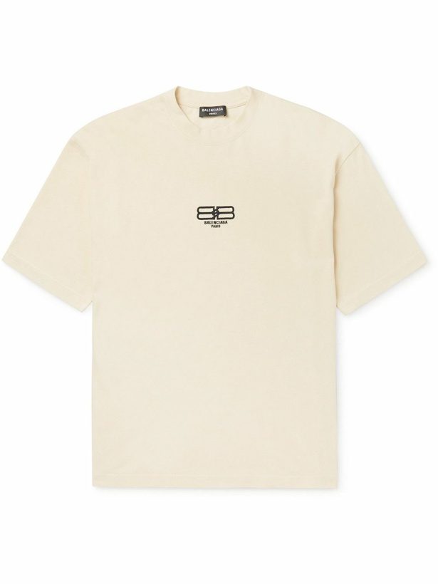 Photo: Balenciaga - BB Paris Logo-Embroidered Organic Cotton-Jersey T-Shirt - Neutrals