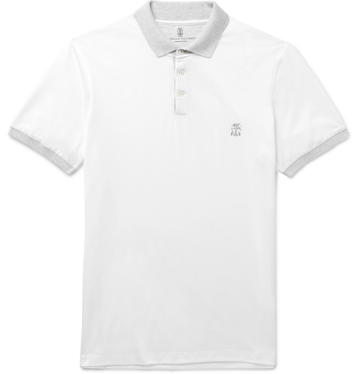 Photo: Brunello Cucinelli - Slim-Fit Contrast-Tipped Cotton-Jersey Polo Shirt - White