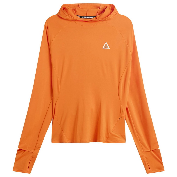 Photo: Nike Women's ACG Trail UV Hooded Mid Layer Fleece in Safety Orange/Summit White