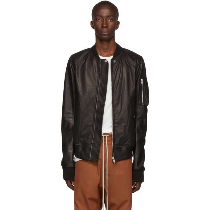 Rick Owens Black Leather Raglan Bomber Jacket