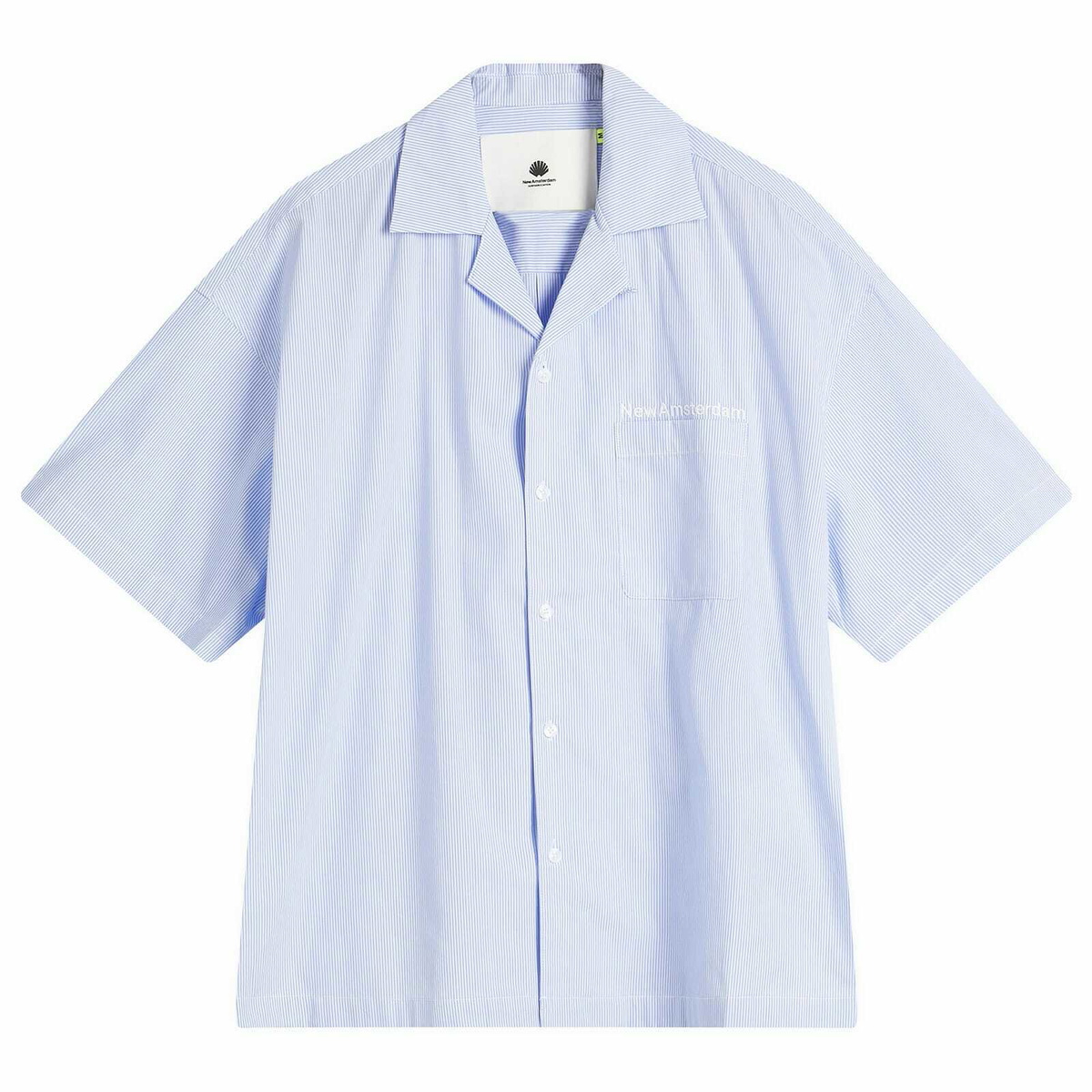 New Amsterdam Surf Association Men's WIJK Stripe Logo Shirt in White/Blue Stipres