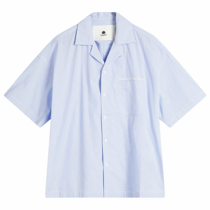 Photo: New Amsterdam Surf Association Men's WIJK Stripe Logo Shirt in White/Blue Stipres